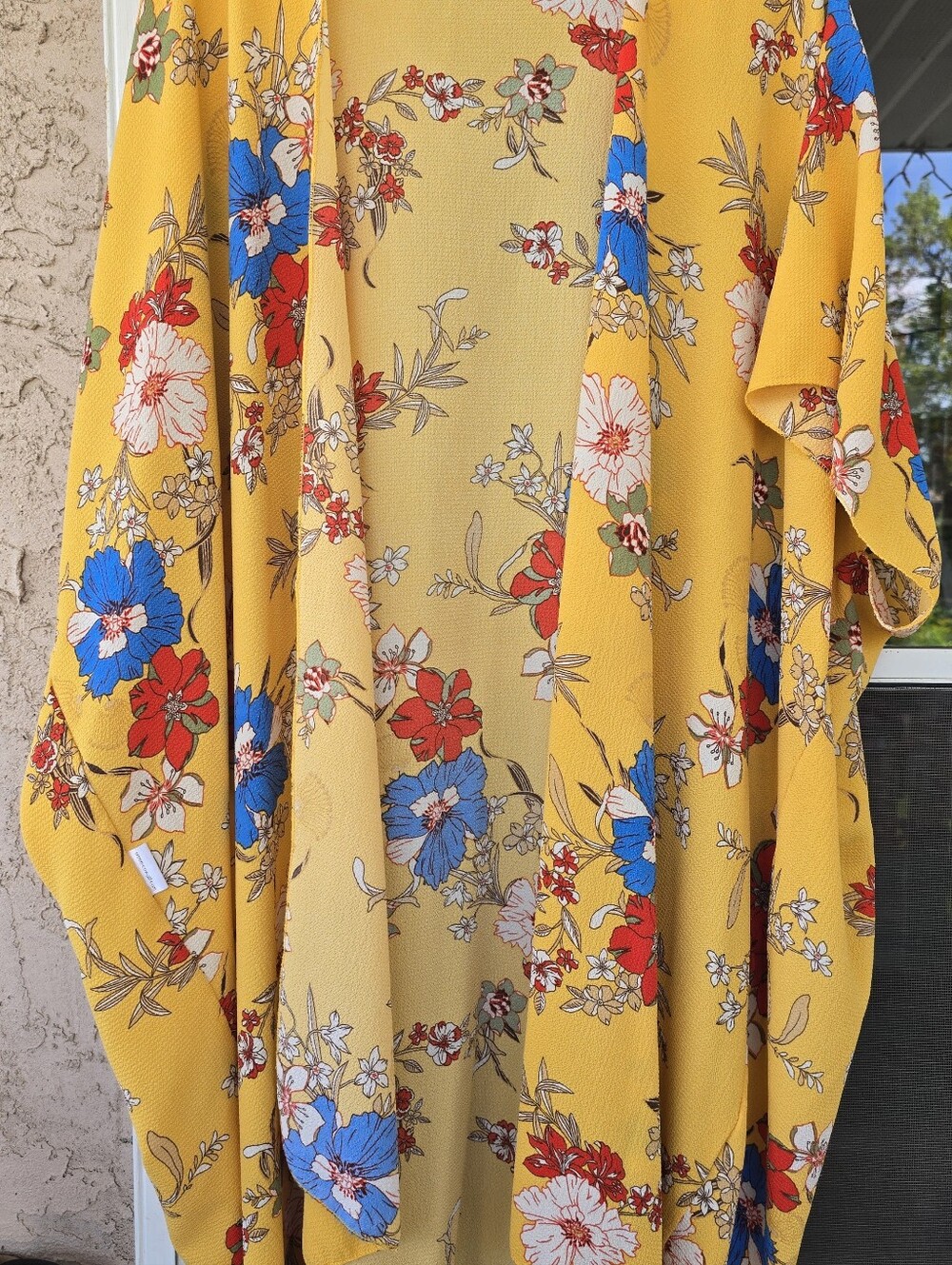 Yellow Floral Kimono Cover-Up with Red & Blue Blooms